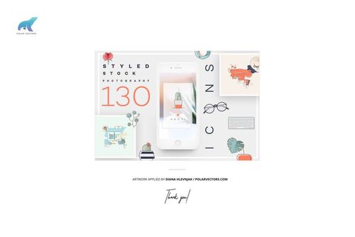 Flat lay of a styled stock photography mockup featuring a smartphone surrounded by illustrated icons and pastel props.