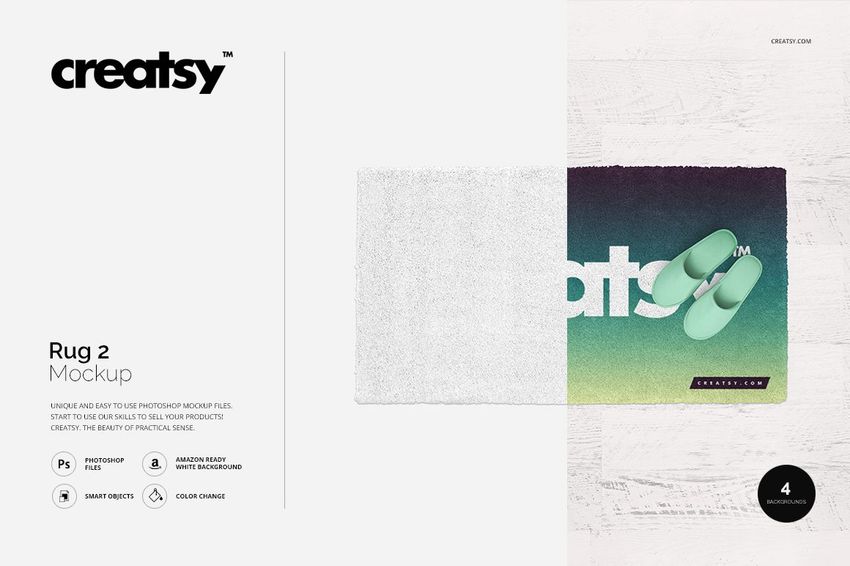 Rectangular rug PSD mockup featuring a split color gradient and mint green slippers, displayed on a white wooden background.