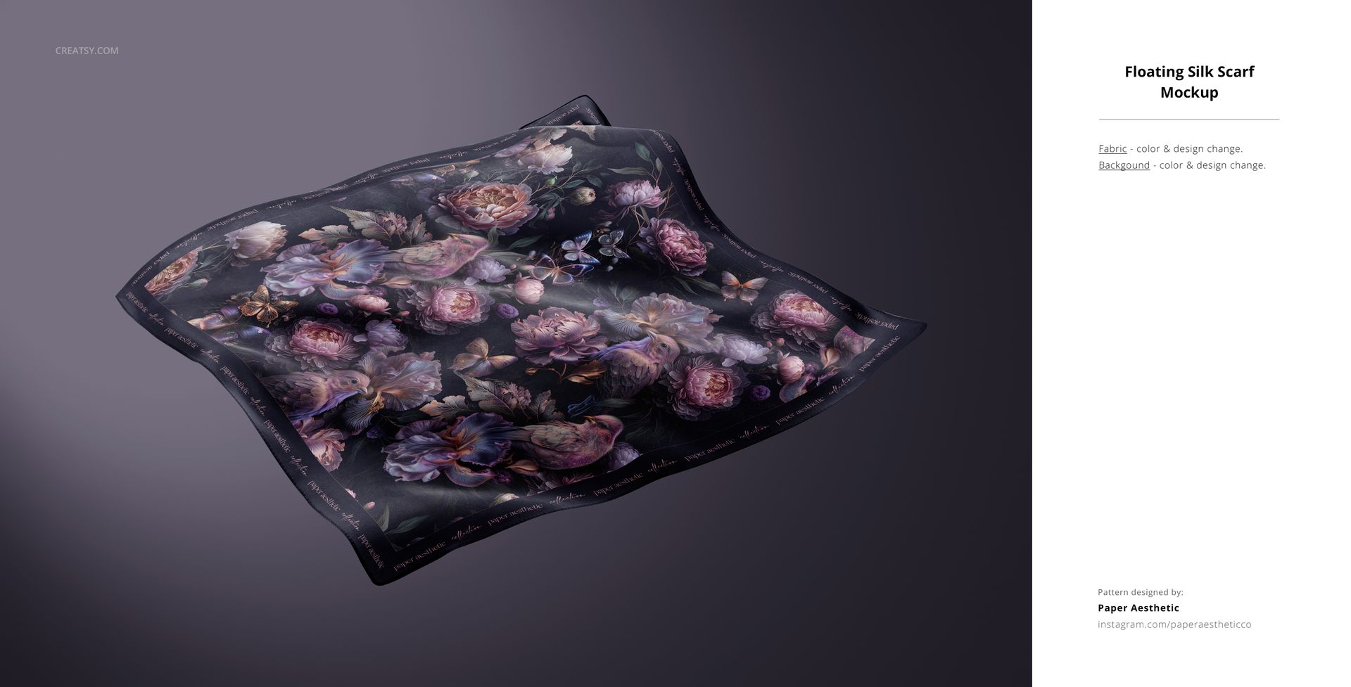 Elegant fabric mockup featuring a silk scarf with detailed flower motifs and soft shadows, viewed from above.