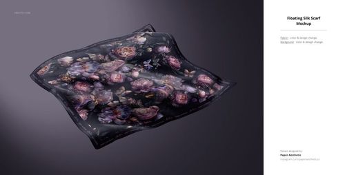 Elegant fabric mockup featuring a silk scarf with detailed flower motifs and soft shadows, viewed from above.