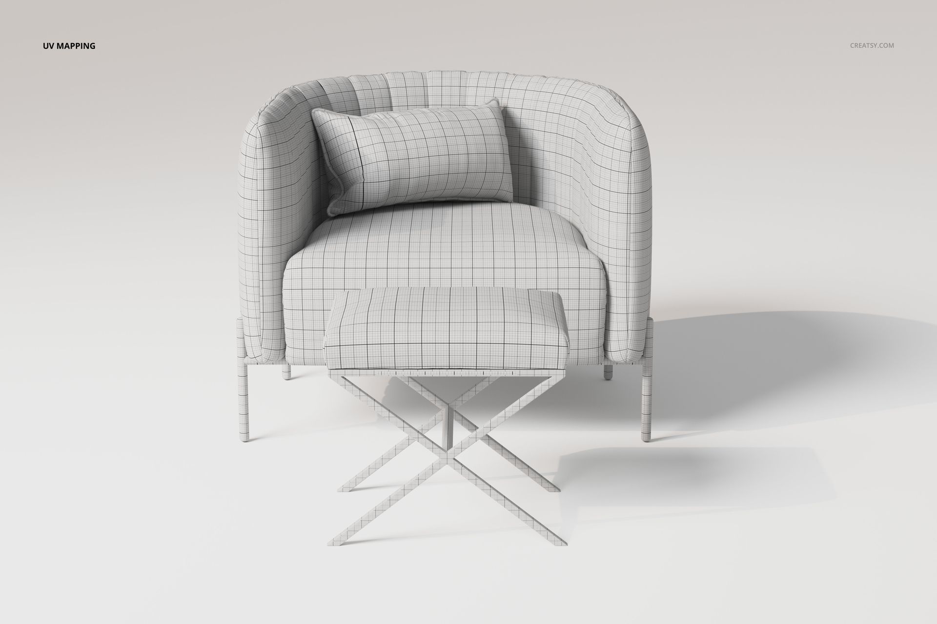Front view of a modern armchair with ottoman, both featuring a white grid UV mapping pattern on a plain background.