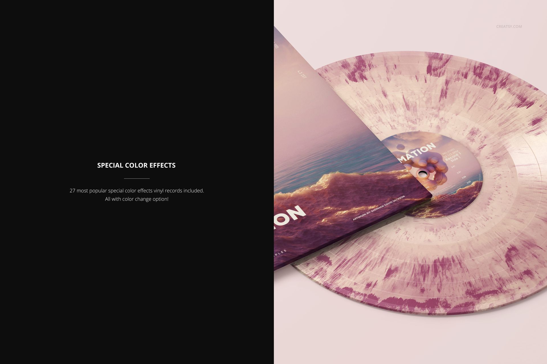 PSD mockup featuring a vinyl record with purple and white splatter design beside an album cover with a scenic image, angled perspective.