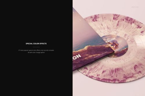 PSD mockup featuring a vinyl record with purple and white splatter design beside an album cover with a scenic image, angled perspective.