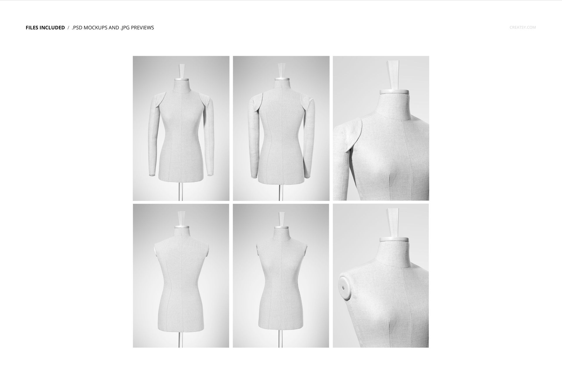 Front and close-up views of a neutral-colored dressmaker’s mannequin mockup, displayed on a plain background.