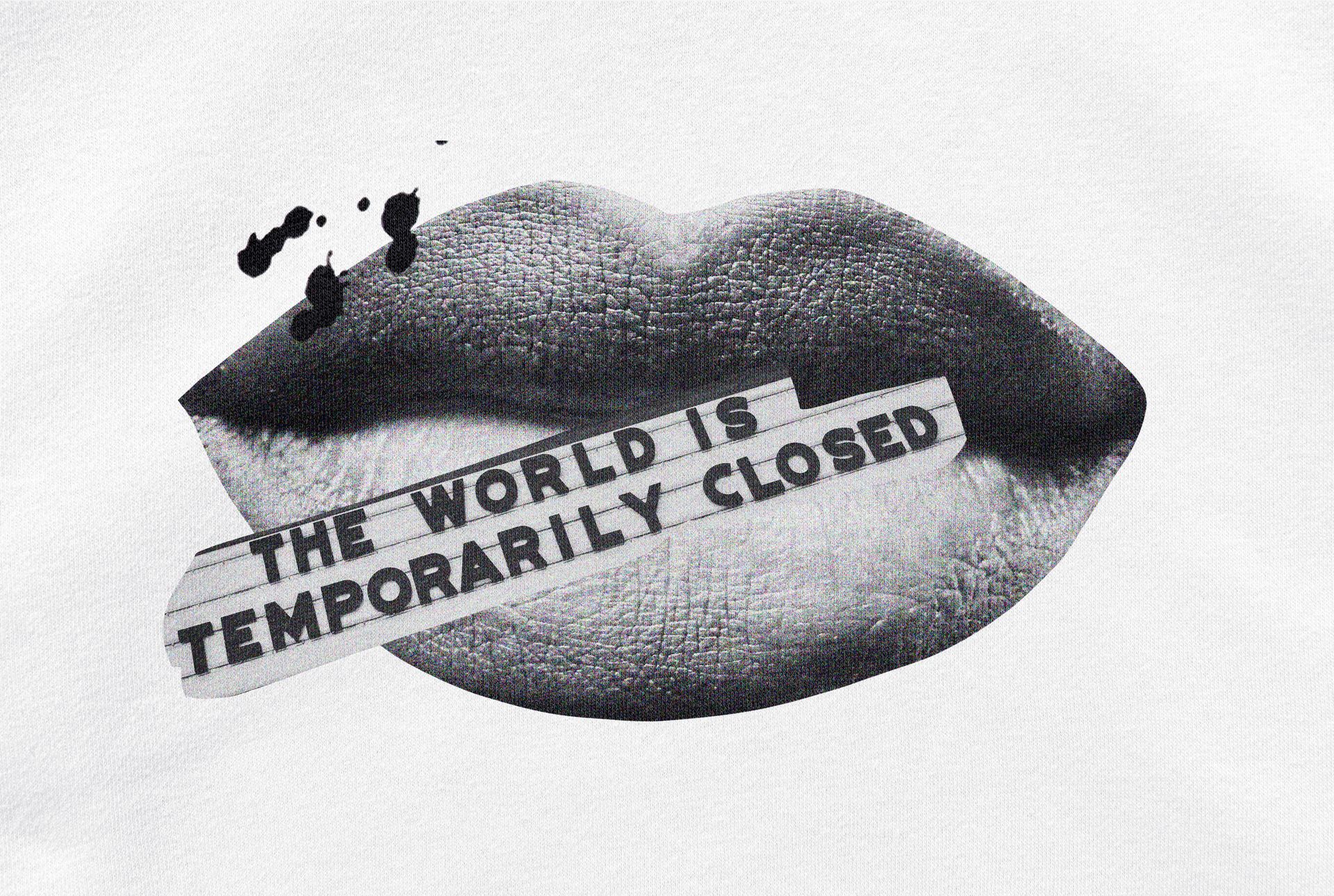 Close-up of a white hoodie mockup with a monochrome lips illustration and bold text across the design.