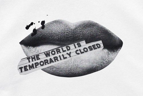 Close-up of a white hoodie mockup with a monochrome lips illustration and bold text across the design.