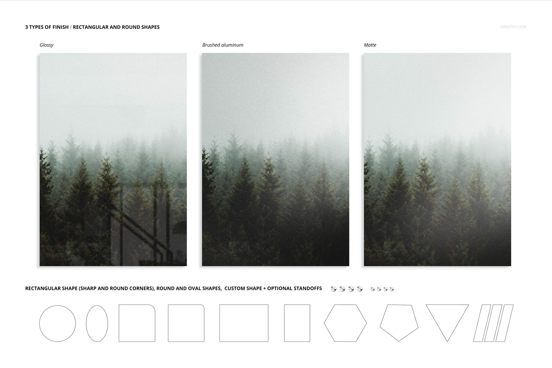 Three aluminum metal print mockups with a misty forest design, shown in glossy, brushed, and matte finishes, front view.
