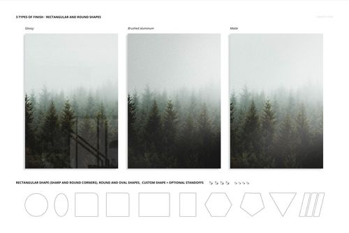 Three aluminum metal print mockups with a misty forest design, shown in glossy, brushed, and matte finishes, front view.