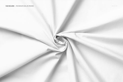 White cotton fabric with prominent creases arranged in a spiral pattern, viewed from above in a mockup scene.