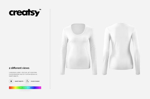 Front and back view of a women's long sleeve shirt mockup in plain white, displayed on a neutral background.
