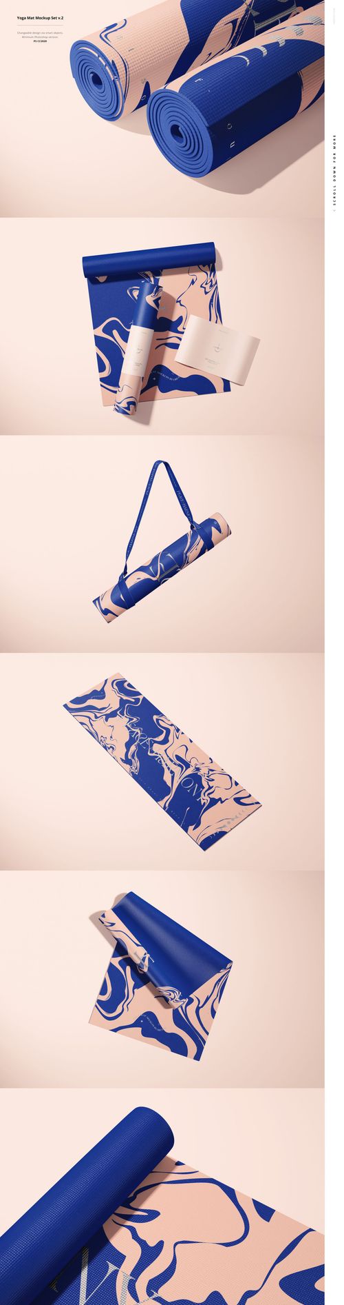Yoga mat mockup bundle featuring rolled and unrolled mats with abstract blue and beige patterns on a light surface.