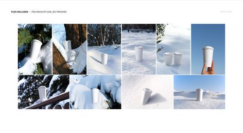 PSD mockup set showing white paper cups in snowy landscapes, including close-ups and wide shots with natural backgrounds.