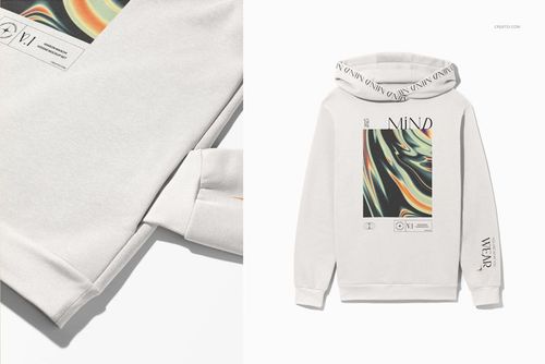 Oversized white hoodie mockup with large hood, abstract graphic print on front, and visible sleeve details.