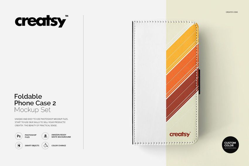 PSD mockup of a foldable phone case displayed closed, with bold diagonal stripes in orange and yellow tones on white.