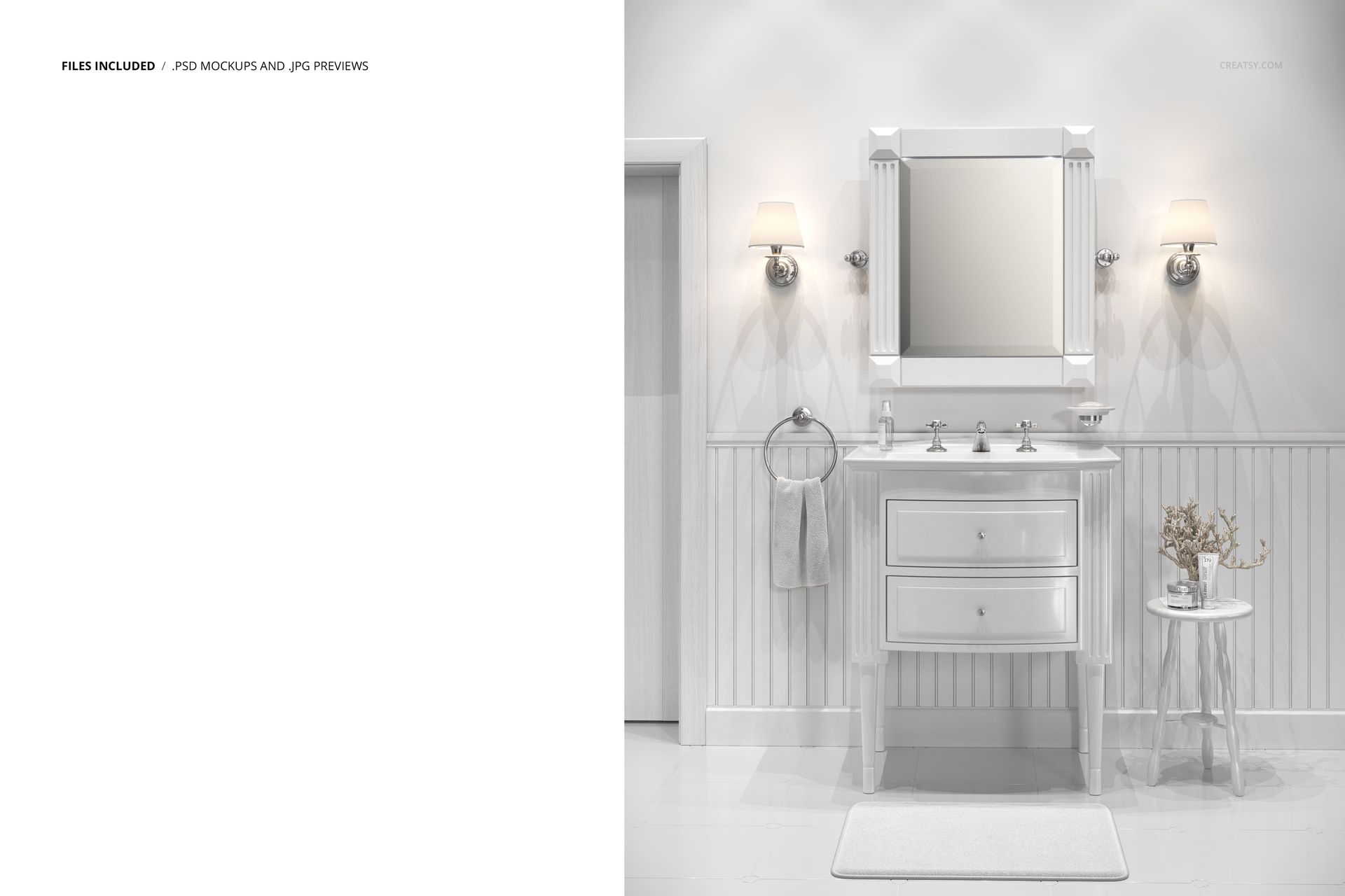 Front view of a neo-classical bathroom with white wallpaper, wall-mounted lamps, and a vanity sink mockup.