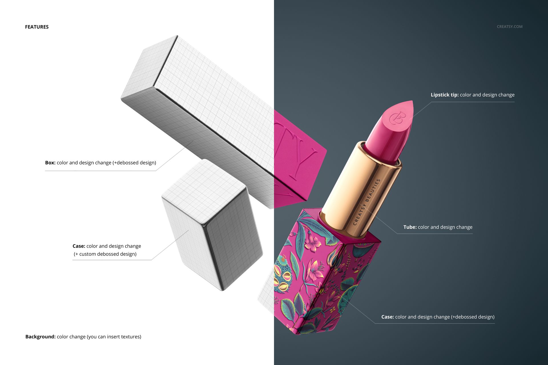 Classic lipstick mockup featuring an open lipstick with a pink tip and colorful patterned case next to a geometric box.