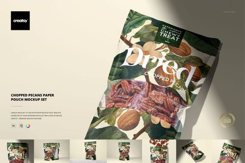 Front view of a paper pouch mockup featuring chopped pecans, with a colorful nature-inspired design and realistic lighting.