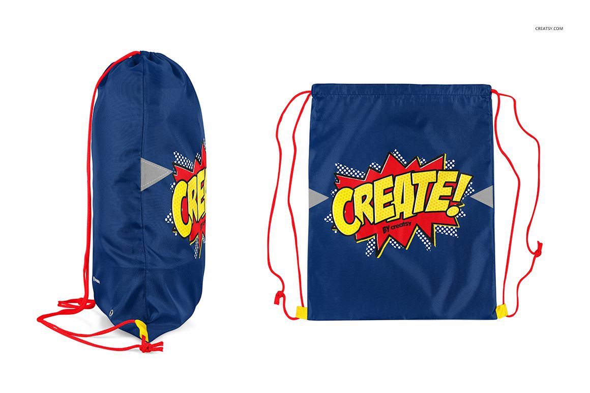 PSD mockup of a blue drawstring backpack with red cords and a bold pop art design on the front, side and front angles.