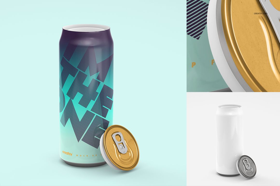 Tall can mockup featuring a gradient teal and purple design, shown with a gold pull tab and a blank white can variant.