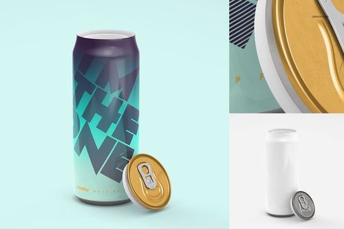 Tall can mockup featuring a gradient teal and purple design, shown with a gold pull tab and a blank white can variant.