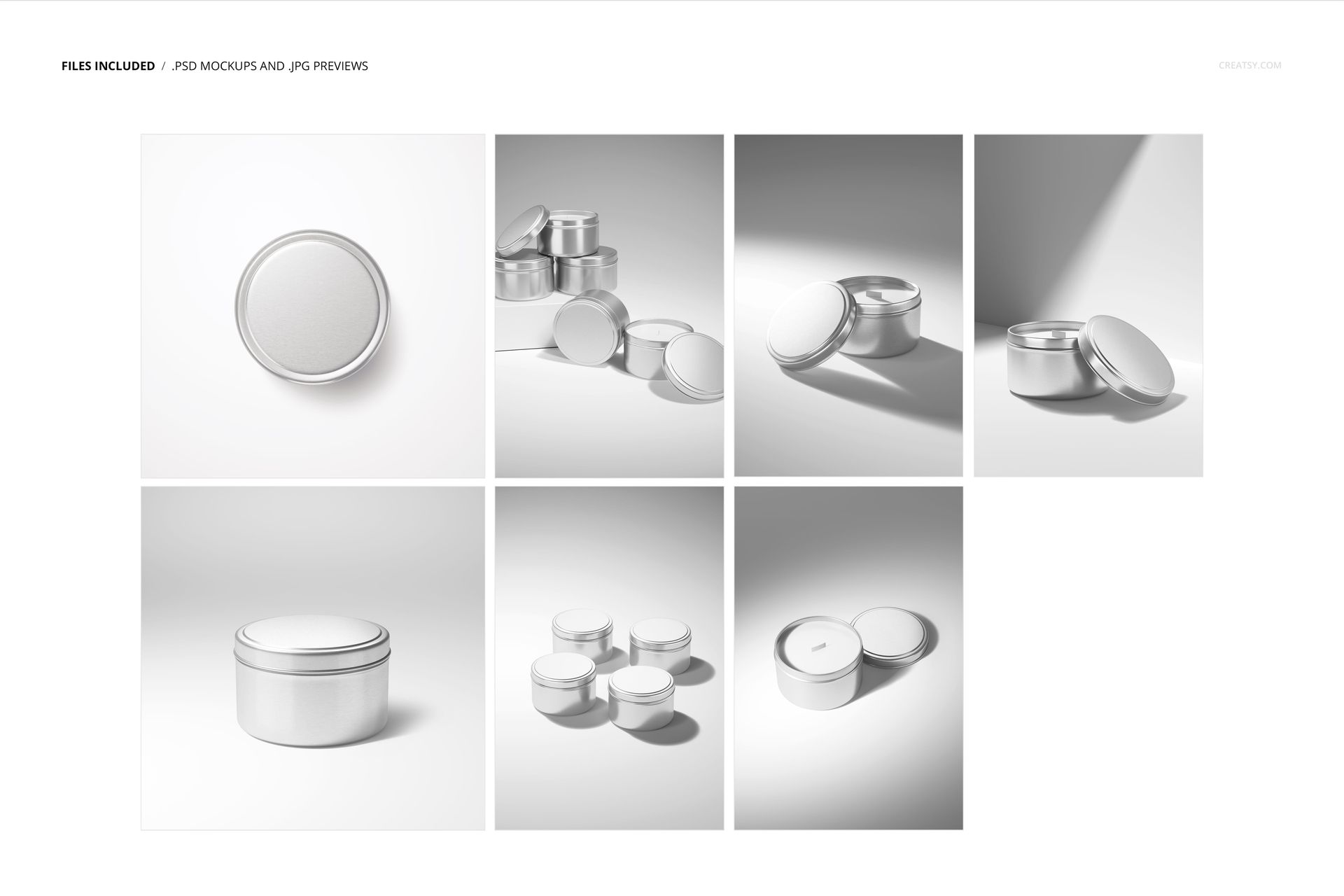 Set of seven 4 oz candle tin mockups with wooden wick, shown in various arrangements and lighting on white background.