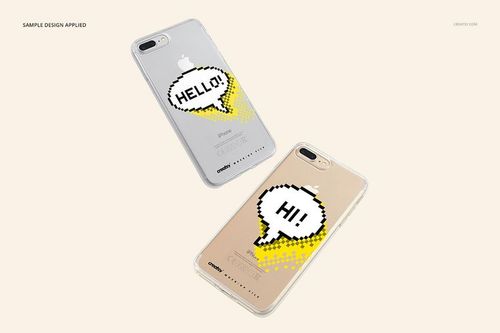 iPhone 7 Plus clear case mockup showing two phones with graphic speech bubble patterns, viewed from above.