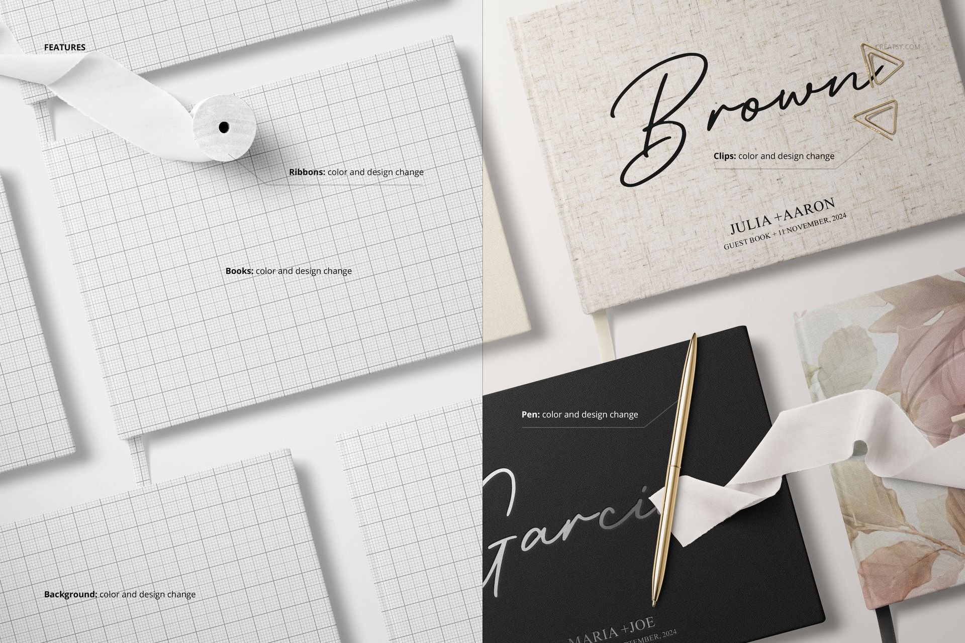 Top view of landscape wedding guest books in white and black covers, ribbon, pen, and grid background, arranged in a mockup scene.