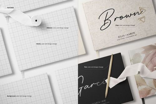 Top view of landscape wedding guest books in white and black covers, ribbon, pen, and grid background, arranged in a mockup scene.