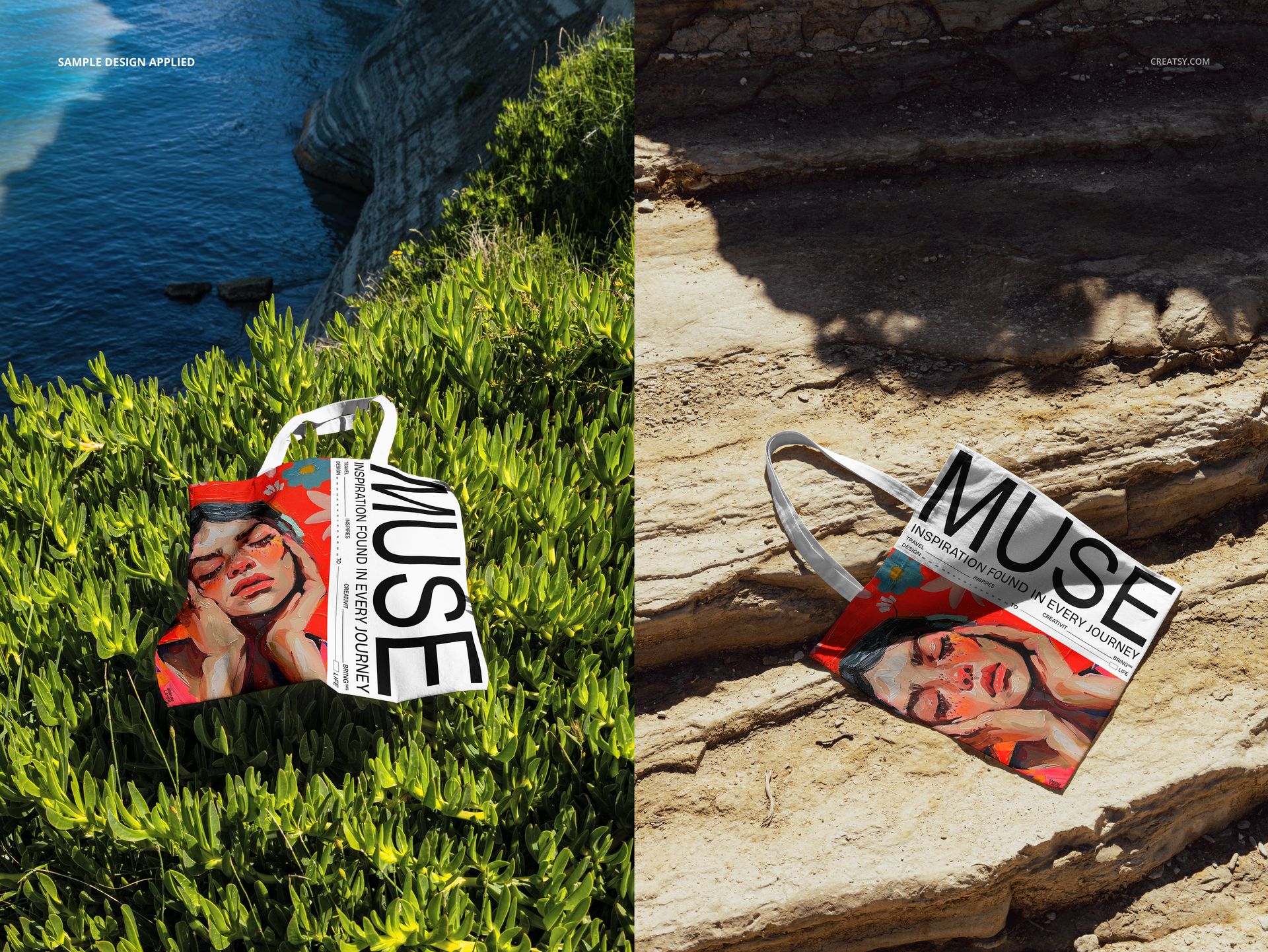 Outdoor PSD mockup featuring a rectangular tote bag with white handles, shown on grass and textured stone surface.