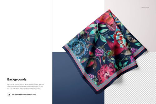 Colorful square silk scarf mockup featuring bold flower designs, shown from a top view on a two-tone backdrop.