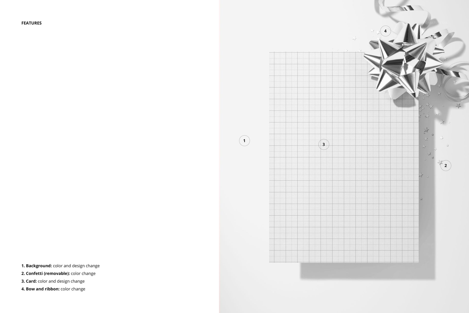 Front view of a party greeting card mockup with a grid pattern, silver ribbon bow, and confetti on a white surface.