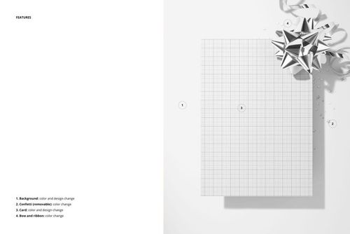 Front view of a party greeting card mockup with a grid pattern, silver ribbon bow, and confetti on a white surface.