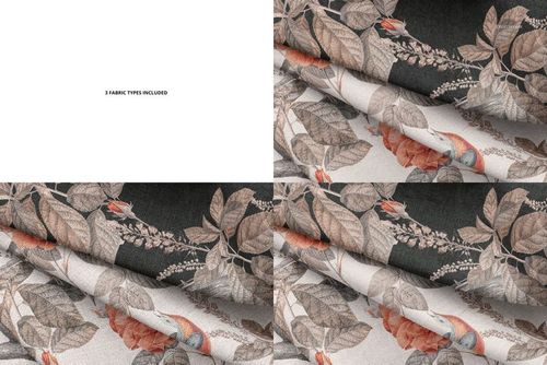 Creased fabric mockup showing three folded fabric types with floral and leaf patterns in neutral and dark tones.