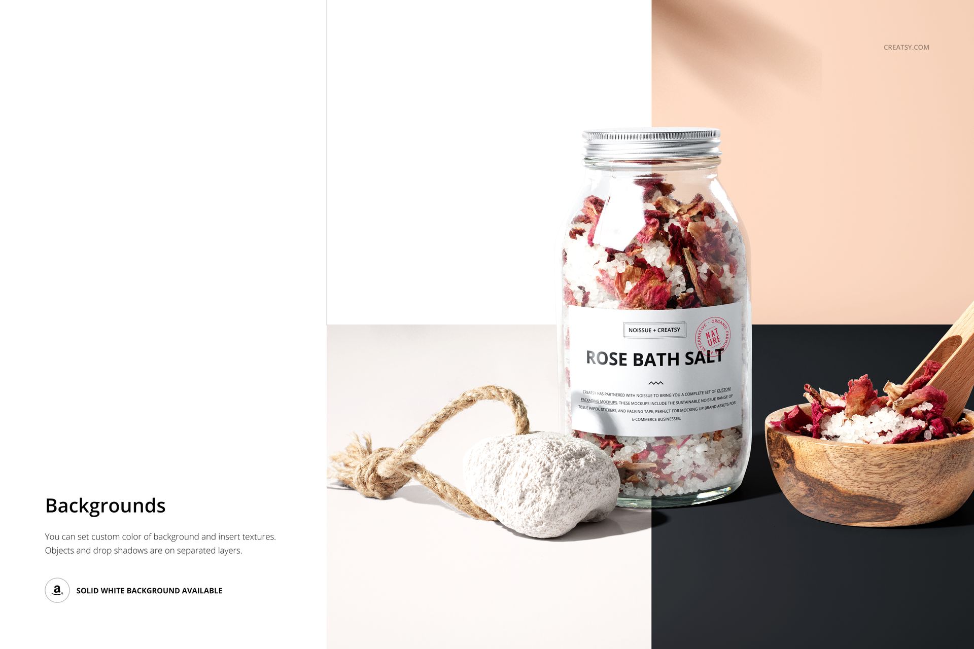 Bath salts jar mockup with rose petals, white label, and rope-tied stone, displayed on a modern color-block surface.