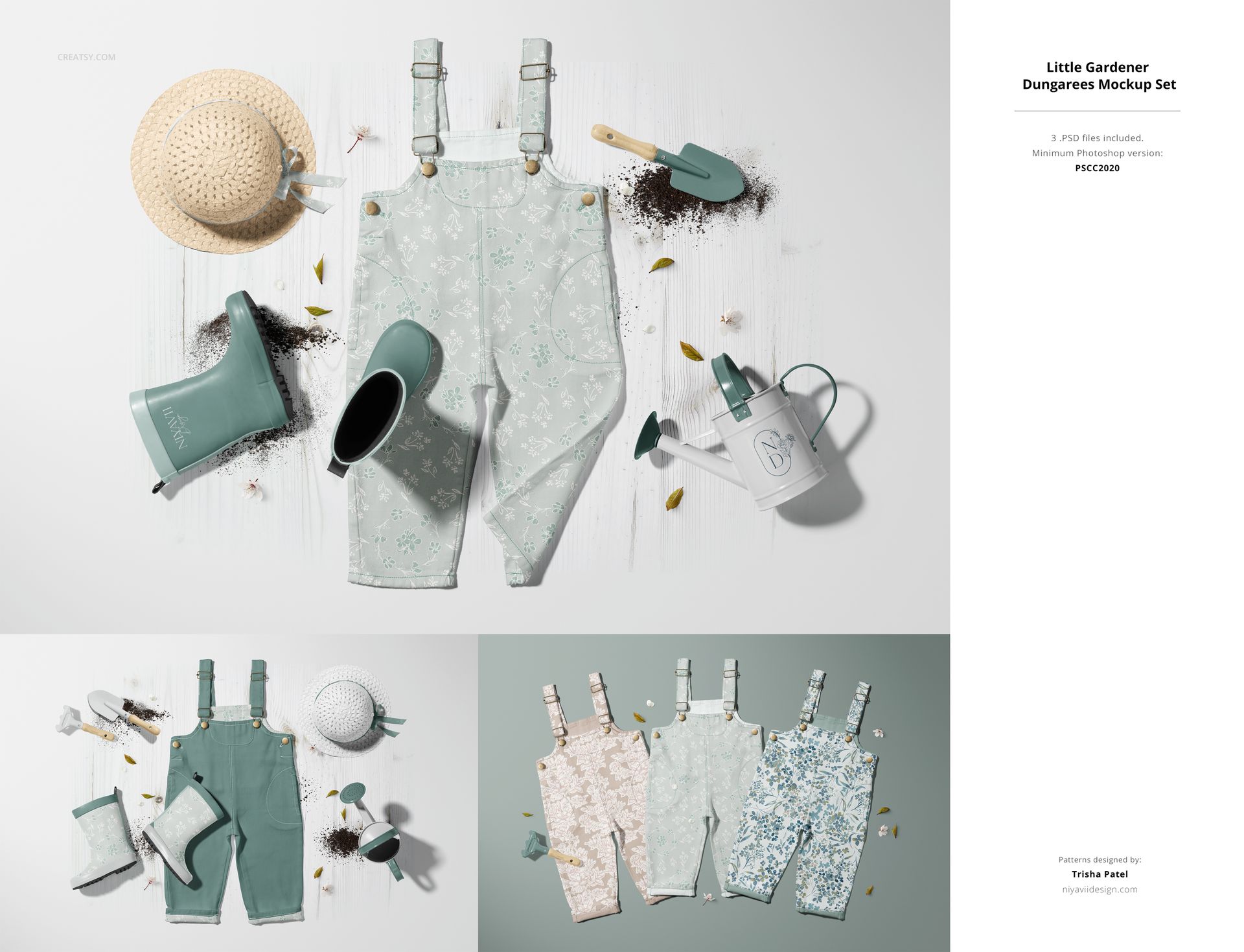 PSD mockup featuring three pairs of children's overalls with floral prints, gardening props, and soil, flat lay style.