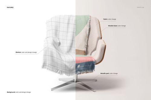 Mockup of a contemporary chair with a patterned coverlet, featuring divided fabric and background color variations.