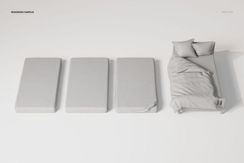 Top view of a twin bed with three types of neatly arranged gray bed sheets, alongside pillows and blanket.