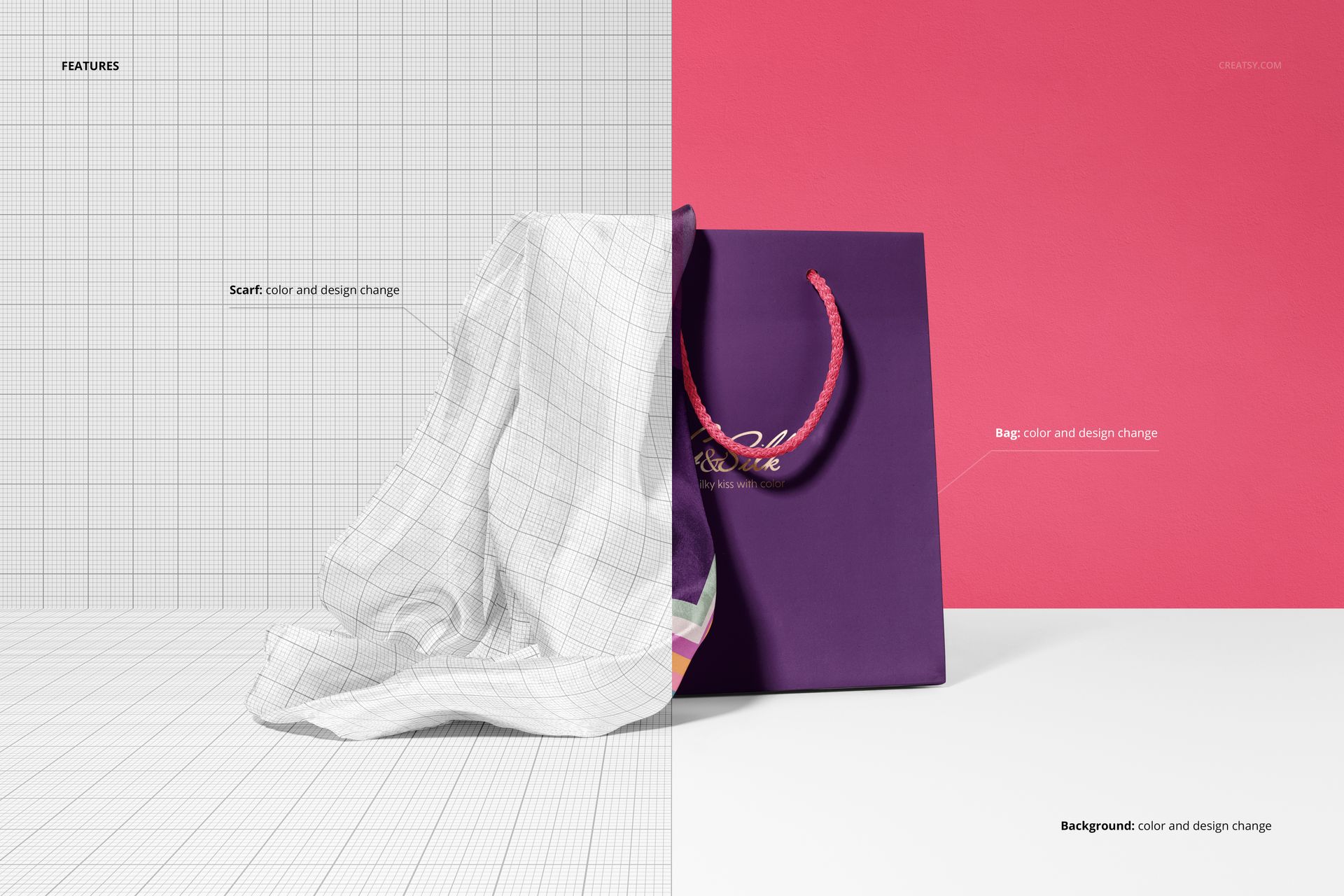 Habotai silk scarf mockup set featuring a draped scarf on a grid background and a paper bag on a pink surface.