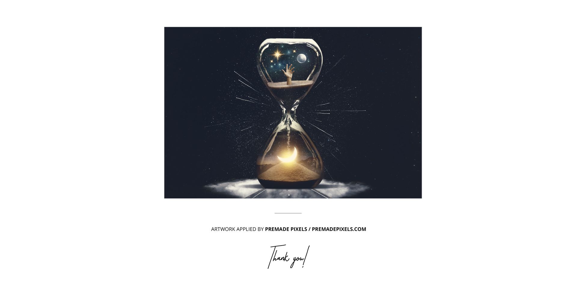 Front view of a wrapped vinyl cover mockup featuring an hourglass with cosmic and desert scenes inside, set against a dark background.