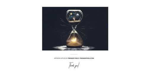 Front view of a wrapped vinyl cover mockup featuring an hourglass with cosmic and desert scenes inside, set against a dark background.