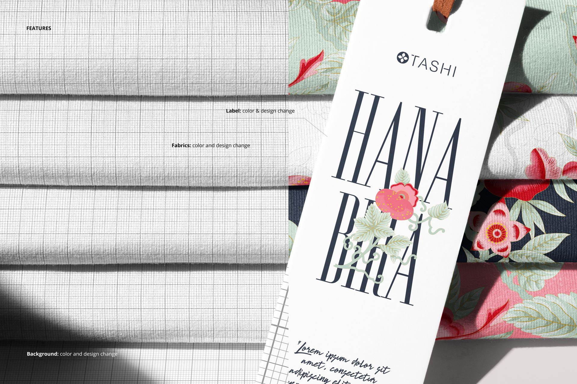 PSD mockup showing a neat pile of patterned jersey fabric with a detailed close-up of a label tag in the foreground.