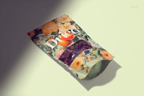 Dried apricots paper pouch mockup with colorful floral design, displayed at an angle on a pale background.