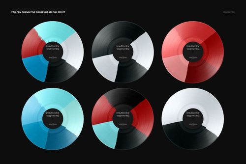 Front view of six vinyl records in various color combinations, shown as a PSD mockup for music cover design.