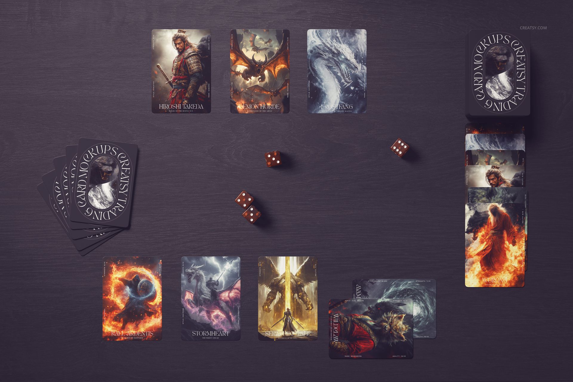 A selection of illustrated trading cards and dice set on a dark wood surface, showing card backs and fronts in a mockup.