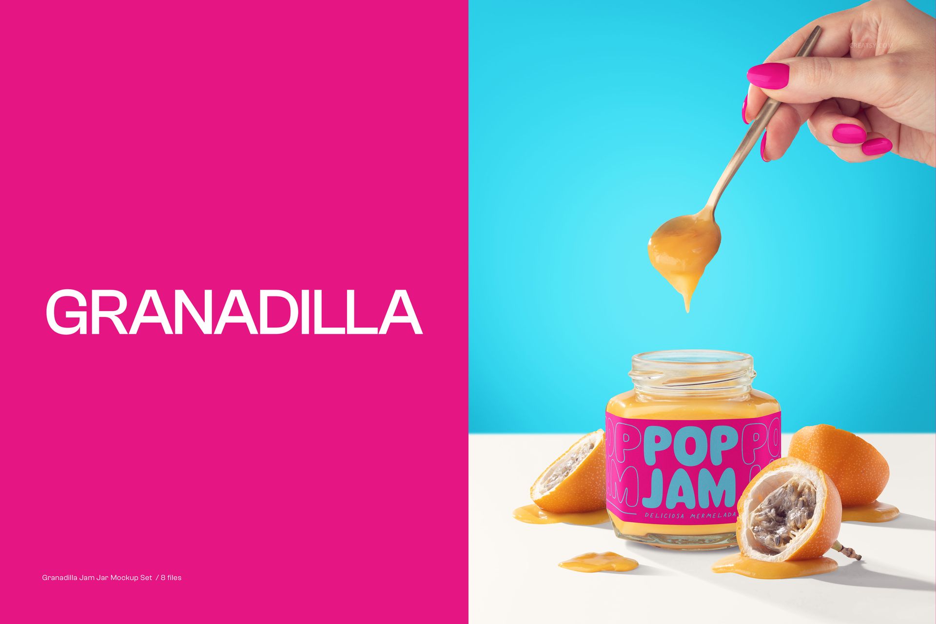 Front view of a jam jar mockup with colorful label, granadilla halves, and spoon with jam against vibrant backdrop.