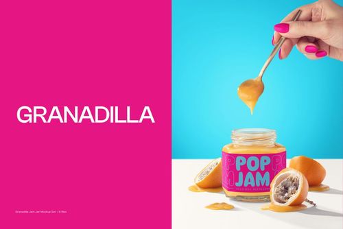 Front view of a jam jar mockup with colorful label, granadilla halves, and spoon with jam against vibrant backdrop.