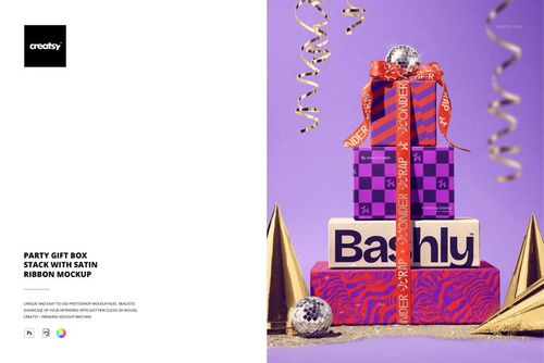 PSD mockup showing a pile of gift boxes in various colors and designs, topped with ribbon and party decorations.