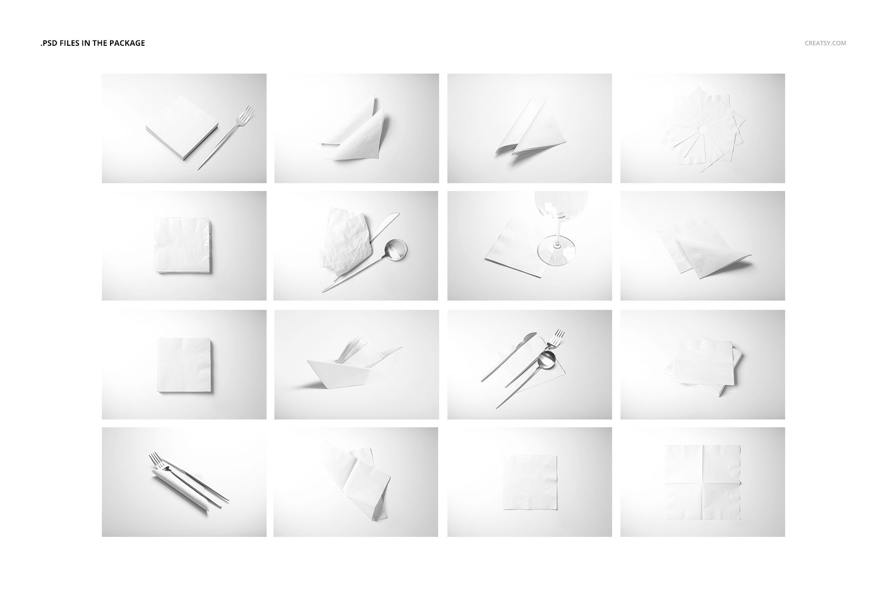 Paper napkins mockup set featuring assorted folding styles and placements, photographed from above with soft shadows.
