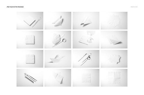 Paper napkins mockup set featuring assorted folding styles and placements, photographed from above with soft shadows.