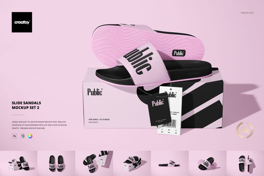 PSD mockup of slide sandals in pink and black colors, presented with packaging and several design previews at the bottom.